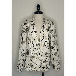 SAG HARBOR Ivory Abstract Linen Blend Blazer Casual Office Pockets Womens 12